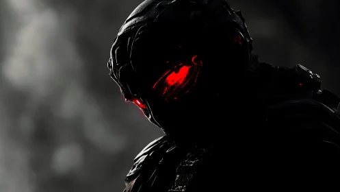 Silhouetted armored figure with illuminated red visor detail.