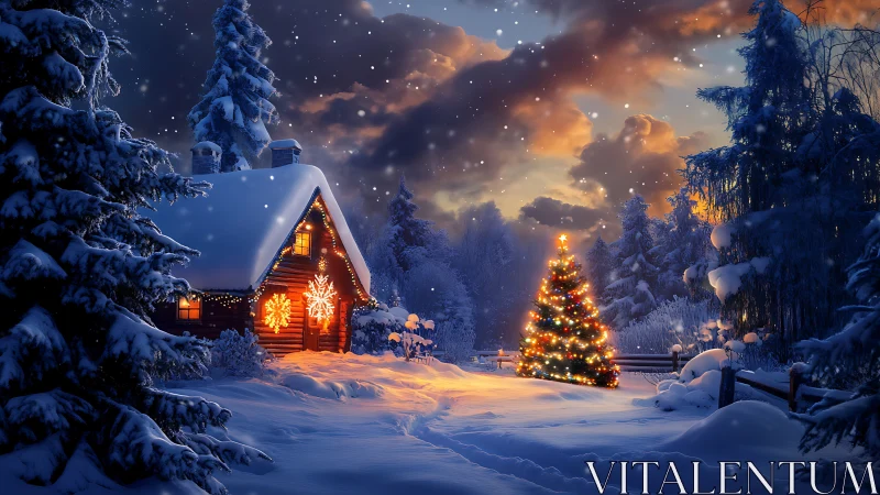 Snow-covered cabin stands near illuminated outdoor tree