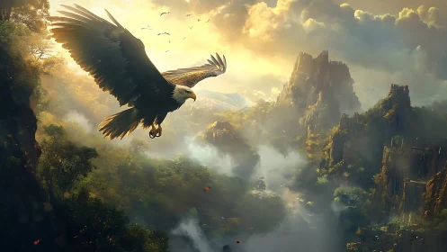 Majestic Bald Eagle Soaring Over Misty Mountain Landscape, Digital Art.