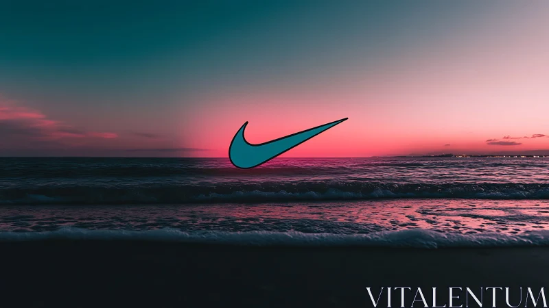 Turquoise swoosh floats over teal orange sunset surf.