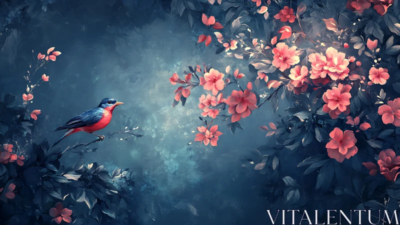 Songbird rests among glowing coral blossoms at dusk.