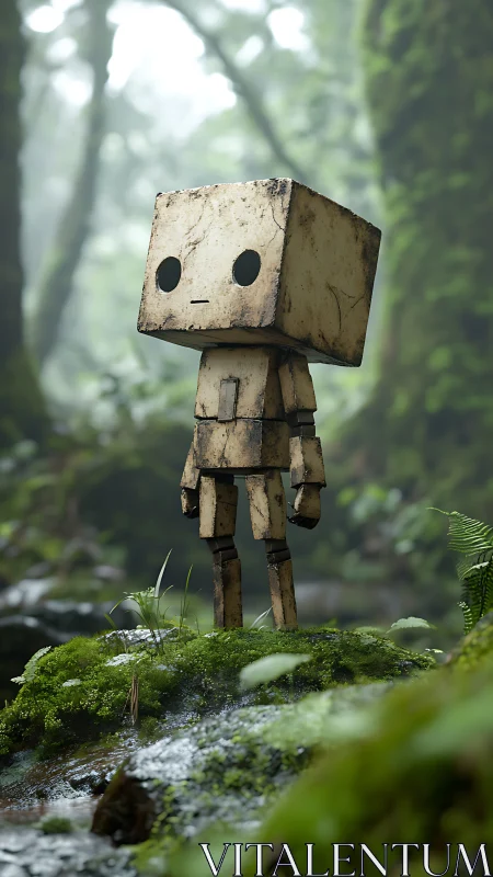 Curious boxy robot wandering gently through a misty forest.
