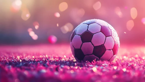Dreamy dusk soccer ball resting in neon pink bokeh glow.