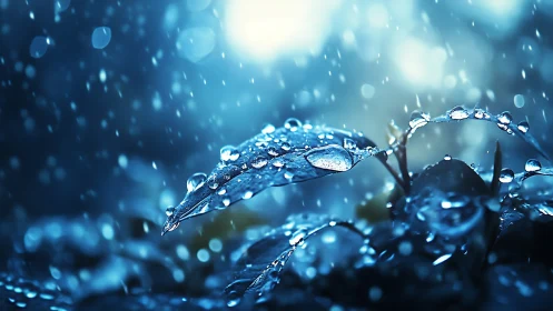 Gentle raindrops rest on glowing blue leaves at twilight