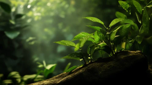 Emerald leaves catch soft forest light on a mossy fallen log