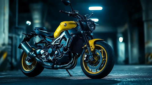 Yellow streetfighter motorcycle glows in neon tunnel night
