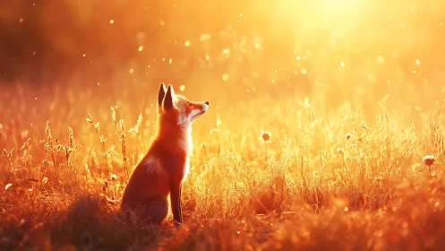 Backlit red fox in shallow-depth meadow under intense golden flare