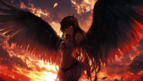 Dark angel silhouette ignites against blazing sunset sky.