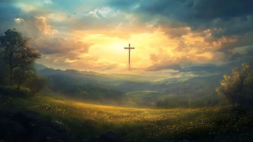 Cross suspended over sunlit valley beneath dense clouds