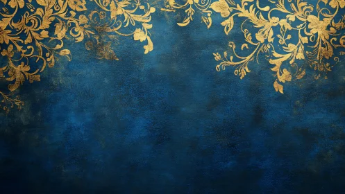 Gold floral filigree shimmers over deep blue textured wall