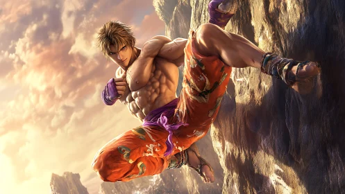 Sunset cliff brawler poised mid-leap in blazing silence.