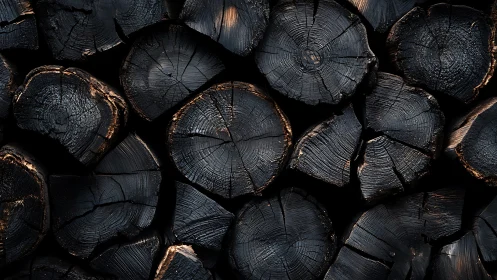 Close-up of Charred Wood Logs in Dark Rustic Style.