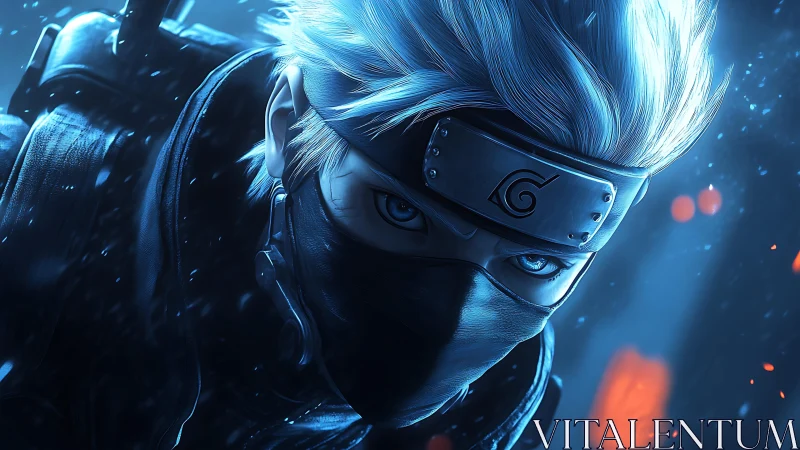 Masked silver-haired ninja portrait in blue cinematic backlight