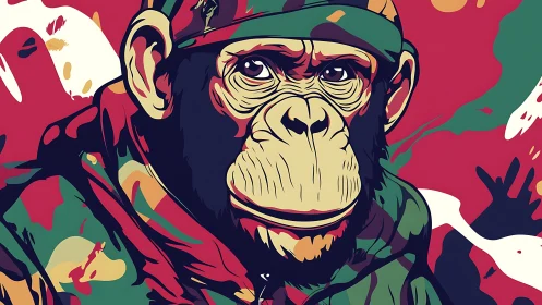 Vector-sculpted chimpanzee in camo palette on abstract field.