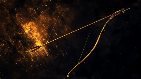 Golden recurve bow rests diagonally over molten dark field