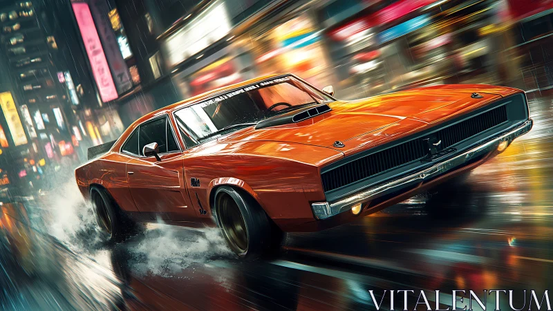 Digital muscle car drift in neon-lit rain-soaked streetscape.