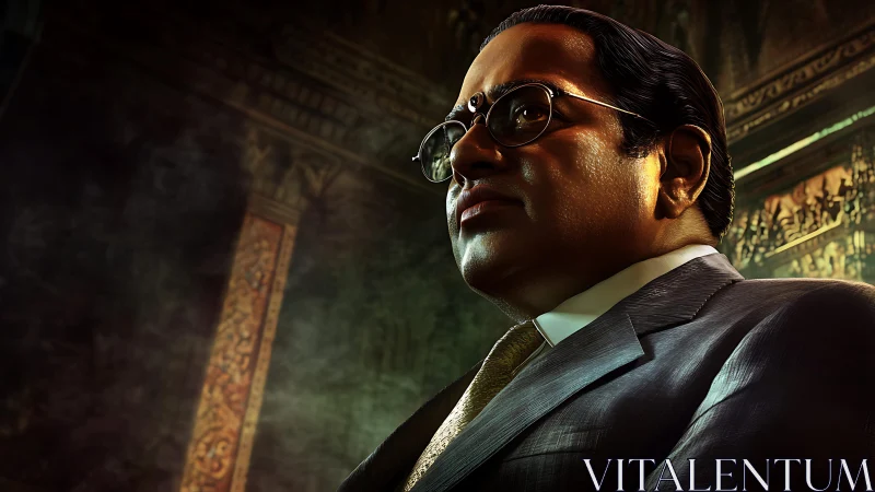 Digital portrait renders suited man in low angle perspective