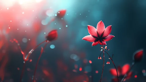 Red flowers with depth of field effect against teal background.