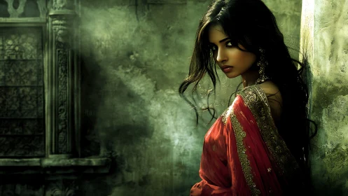 Mysterious Woman in Red Saree by Ancient Wall, Cinematic Style.