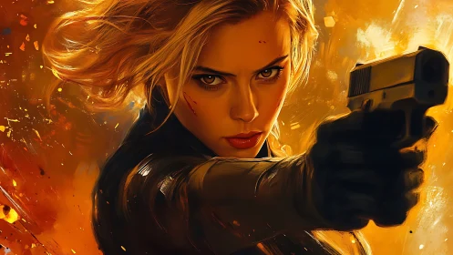 Dynamic femme agent in fiery close-range pistol standoff.