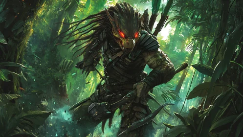 Biomorphic alien hunter advancing through dense jungle undergrowth