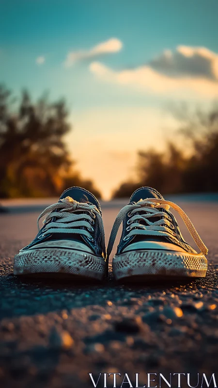 Pair of worn sneakers on asphalt road at sunset time.
