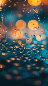 Macro bokeh study of raindrops on glass with warm contrasts.