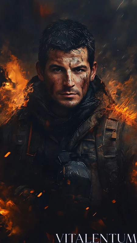 Battle-scarred soldier stands amid swirling battlefield flames