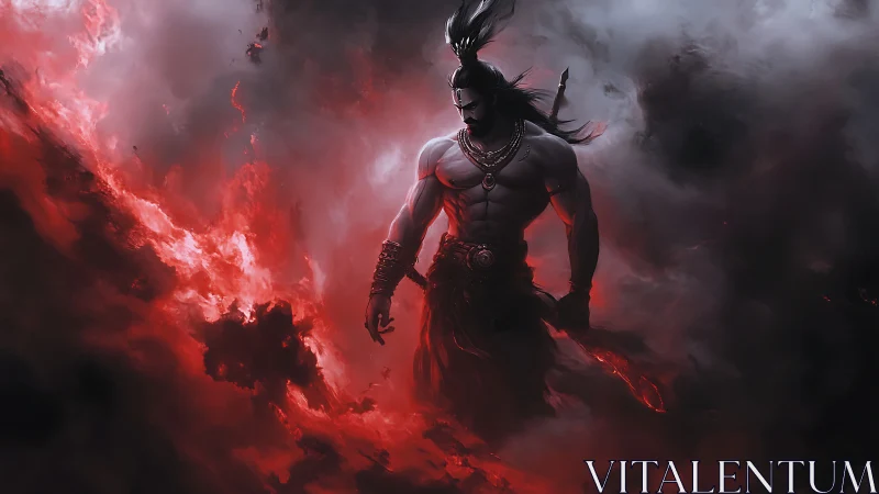 Volcanic war deity emerging from turbulent crimson nebulae.