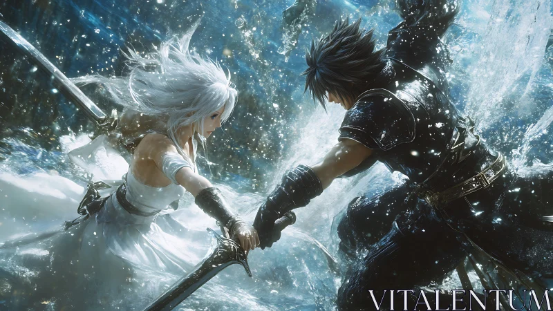 Opposed swordsmen in dynamic water-filled fantasy setting.