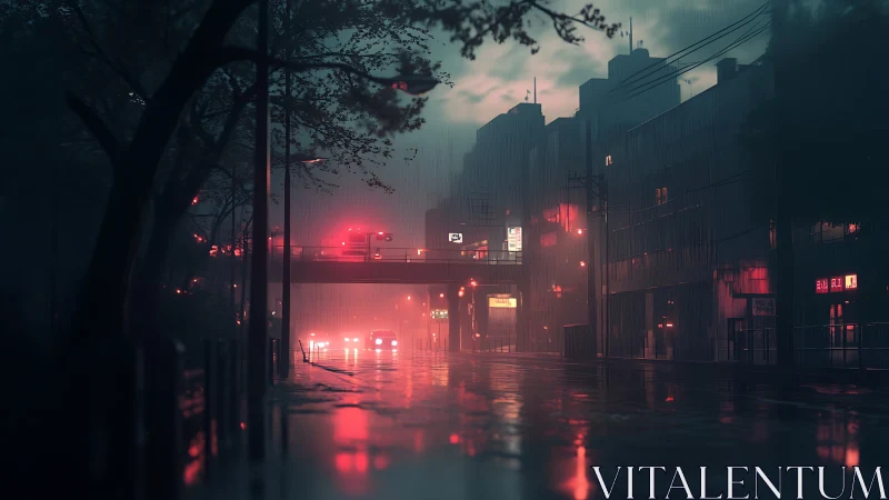 Moody rainy city street glowing with soft neon lights at dusk.