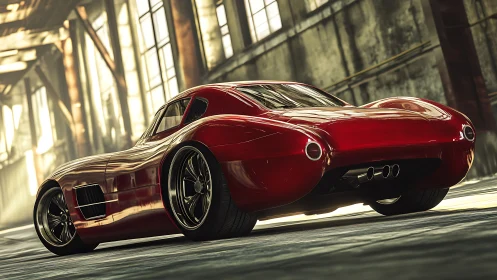 Red retro sports car in sunlit industrial warehouse space.