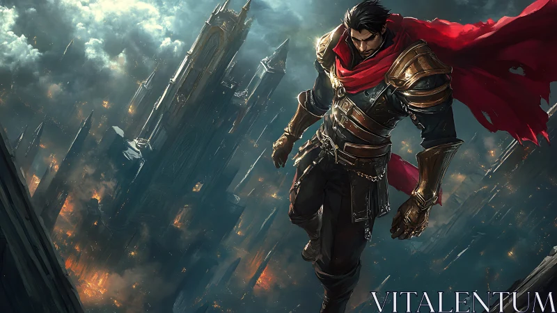 Armored aerial vanguard above burning neo‑gothic citadel.