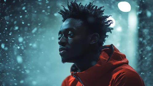 Young man in red jacket standing in falling snow at night.