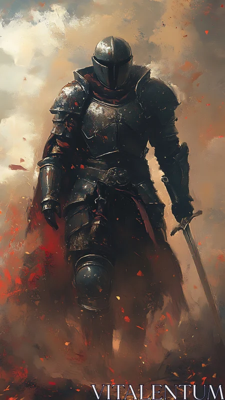 Armored figure holding sword stands amid smoke and embers