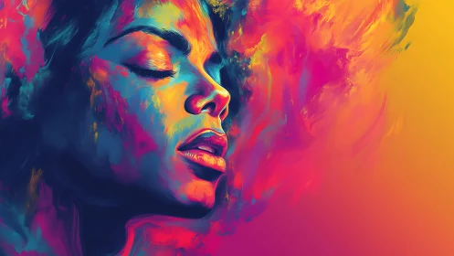Vibrant portrait melts into swirling neon color field.