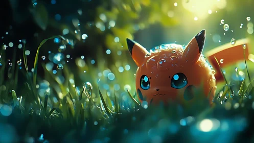 Pikachu figure sits in wet grass with shallow depth of field
