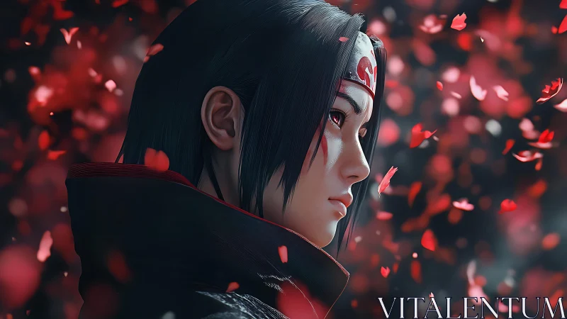 Digital painting portrait in dynamic red petal vortex focus.