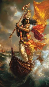 Divine warrior guiding ornate boat through stormy sea.