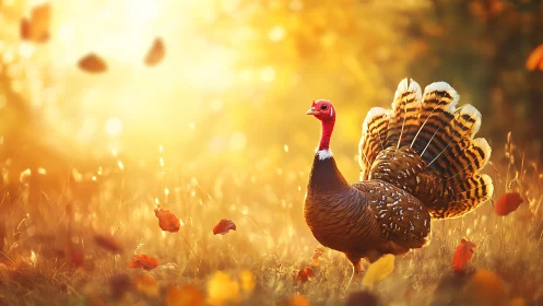 Wild turkey glows in golden autumn sunset meadow light