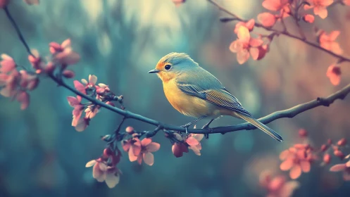 Yellow songbird perched on blooming branch in dreamy pastel style.