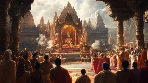 Sunlit temple gathering around a golden seated deity scene.