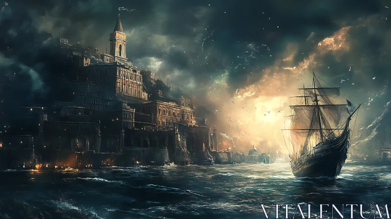 Storm-lit galleon nears towering coastal fortress port