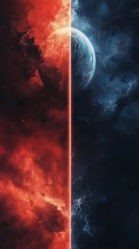 Divided planetary sphere between red and blue nebula fields.