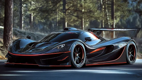 Black carbon-fiber hypercar on forest road in soft daylight.