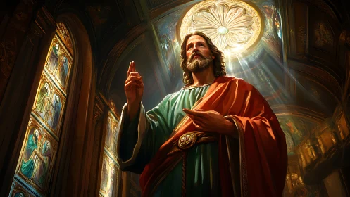 Radiant saintly figure stands in glowing stained glass chapel