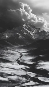 Serene snowy valley winding toward brooding stormy peaks.