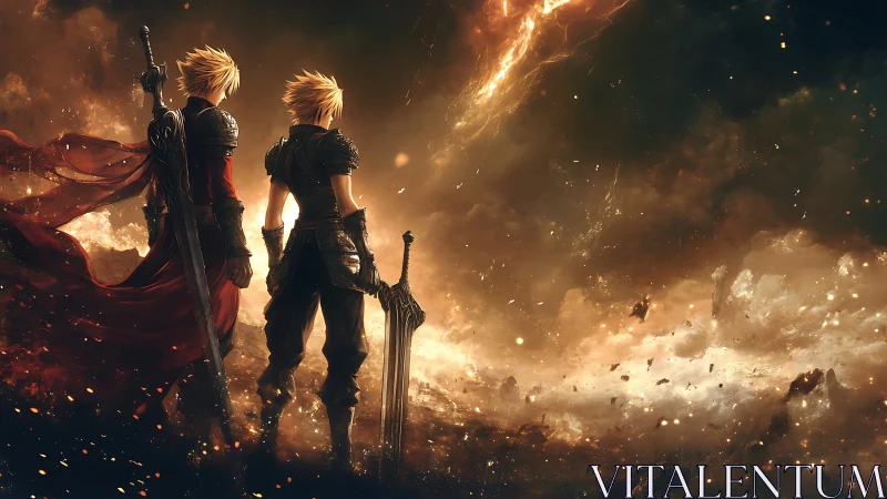 Dual warriors in ember-rich post-battle landscape, backlit by plasma arc