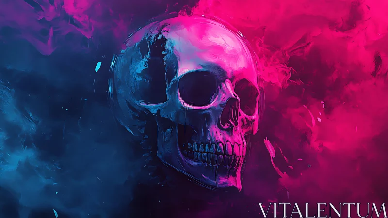 Neon skull floats in vivid magenta and cyan vapor clouds.