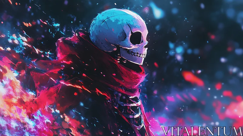Celestial skull wanderer in blazing crimson nebula shroud.